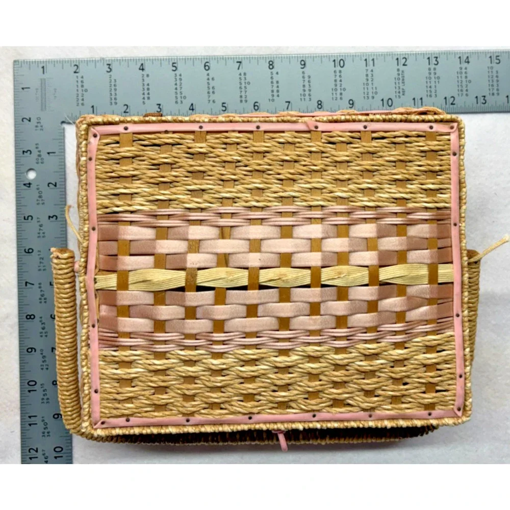 Woven Vanity Jewelry Box Pink Trim Satin Lined Hinged Basket Vintage Storage